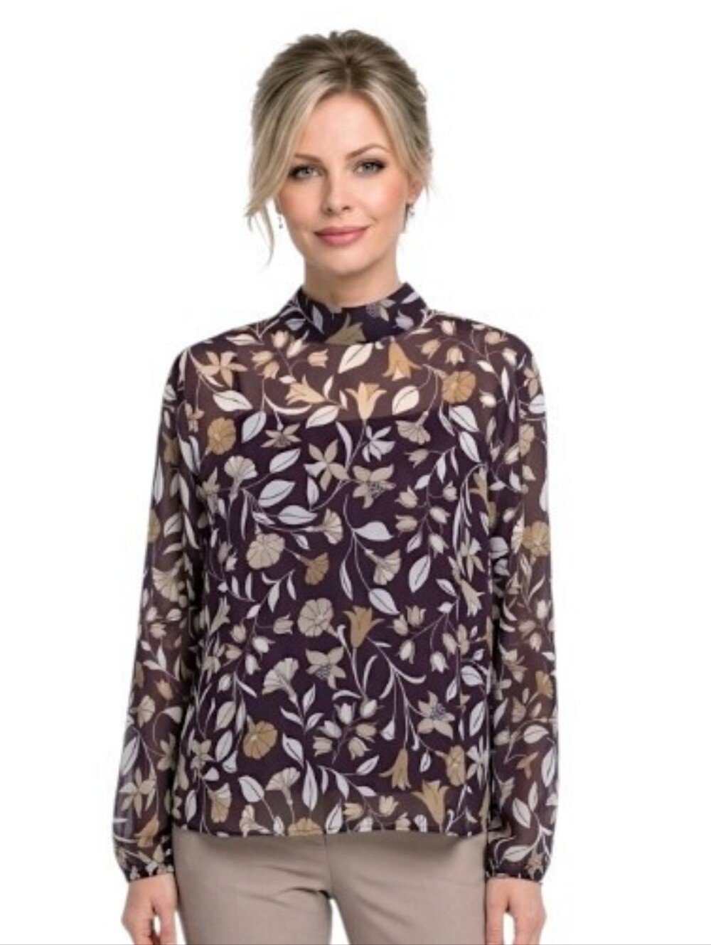Ann Taylor Plum Floral Mock Neck Back Tie Detail Long Sleeve Blouse Size M NWT
